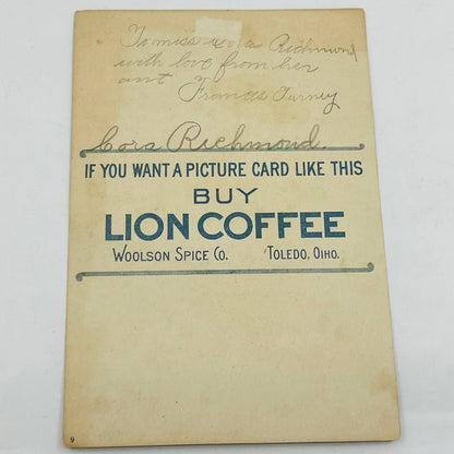 Victorian 1800s Trade Card Lion Coffee Woolson Spice Toledo OH Woman w/ Fan AA3