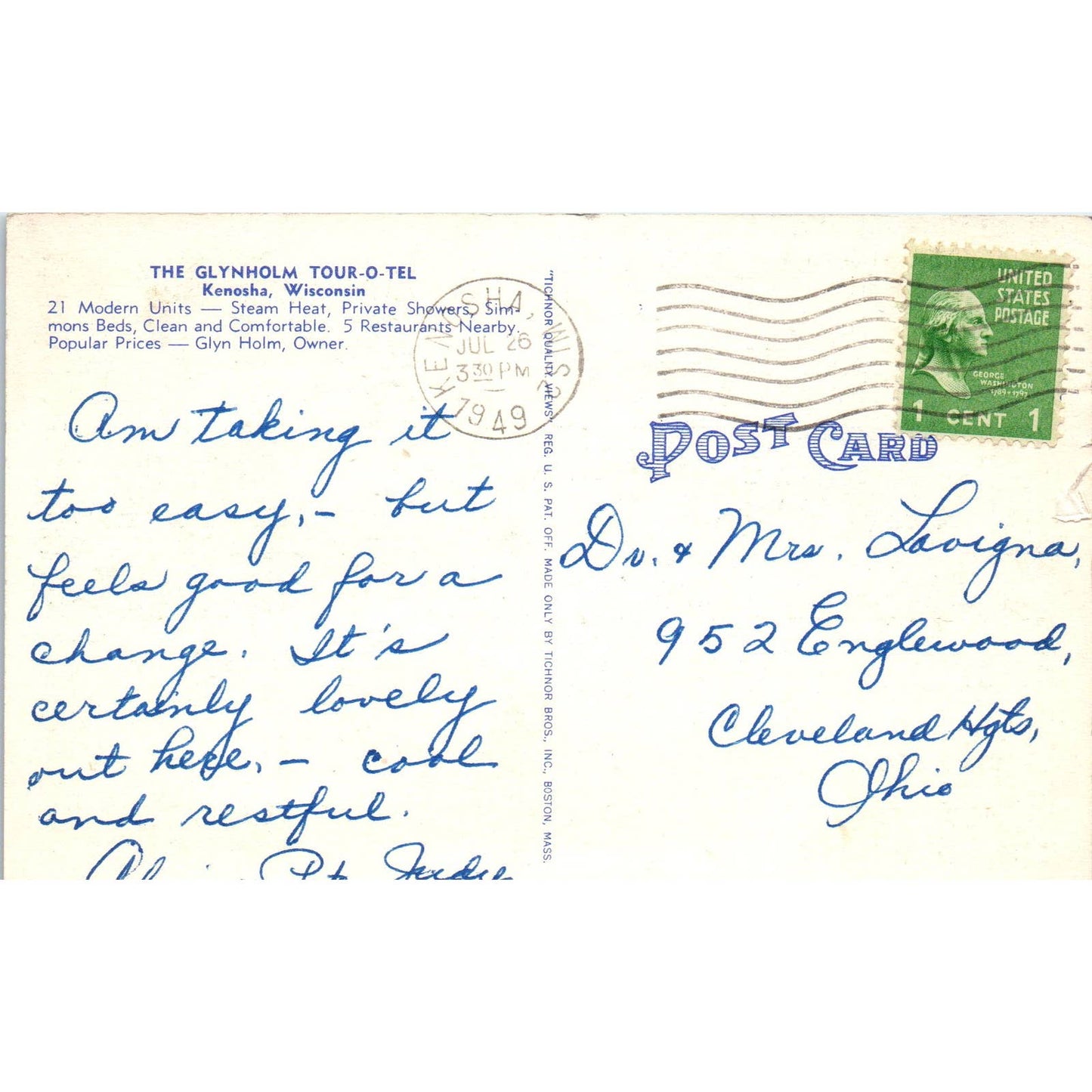 The Glynholm Tour-O-Tel Kenosha WI Glyn Holm 1949 - Original Postcard TJ7-RP2