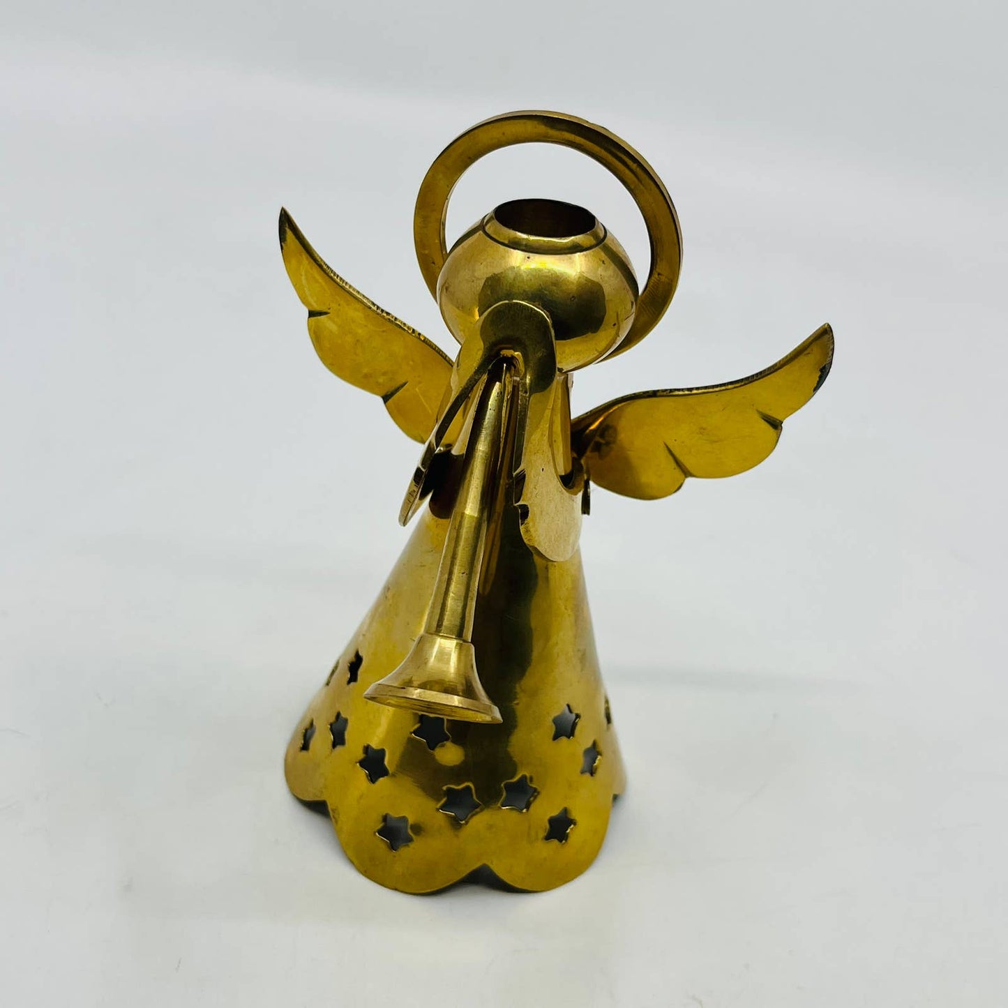 1980s Solid Brass Angel Candle Holder Trumpet & Star India TD4