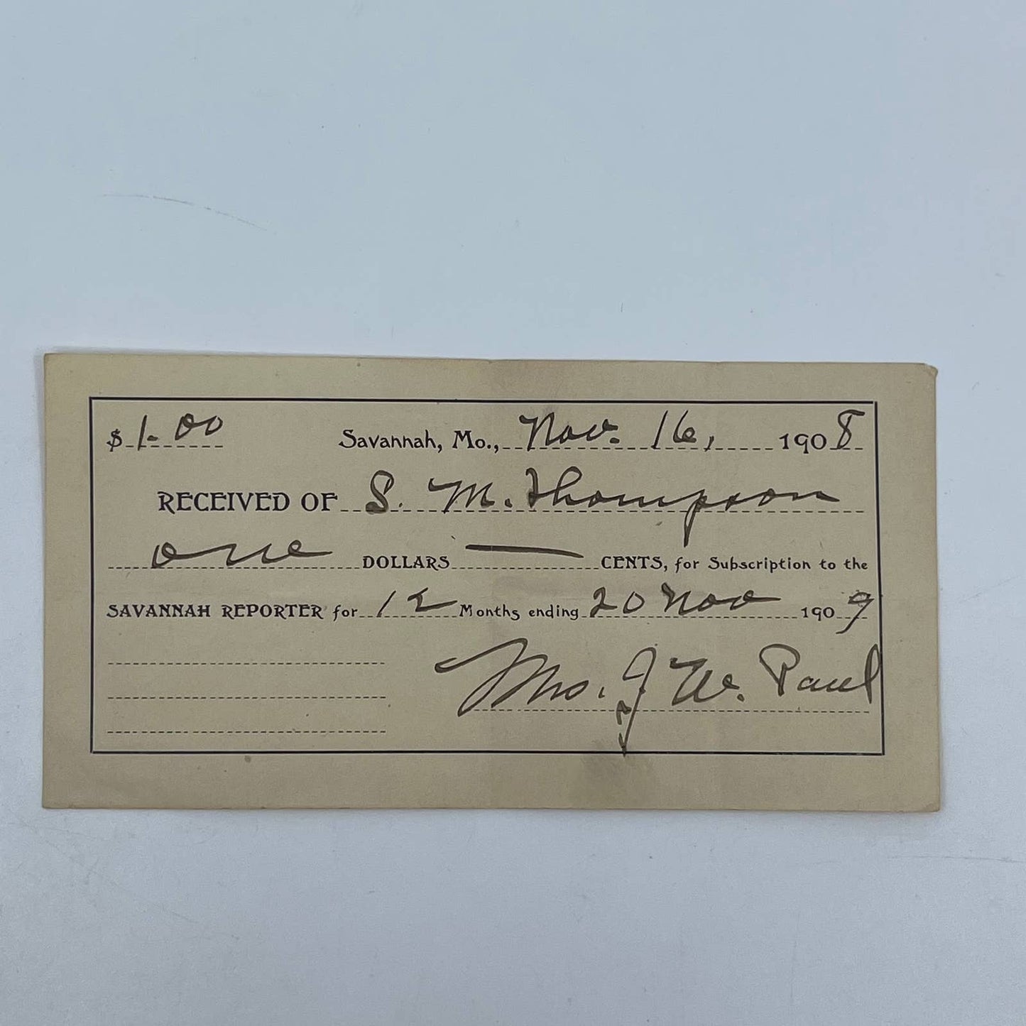1908 Receipt Subscription to Savannah Reporter, Savannah MO J.W. Paul AA6