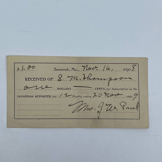 1908 Receipt Subscription to Savannah Reporter, Savannah MO J.W. Paul AA6