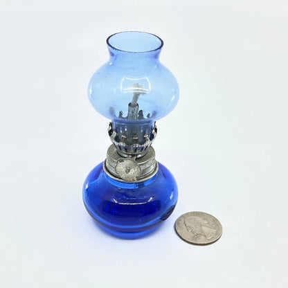 Vintage Mini Cobalt Blue Glass Kerosene Oil Lamp 4.5" TC7-1