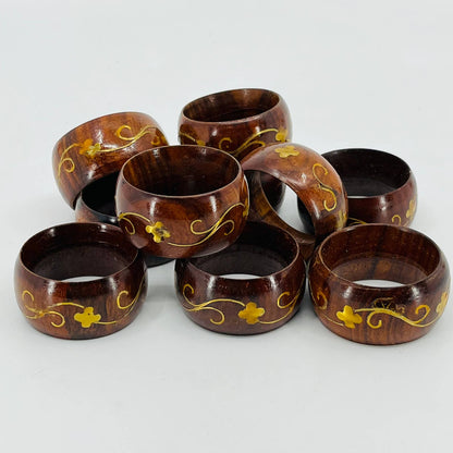 VINTAGE Art Nouveau Napkin Bands Rings Wood w/ Brass Inlay Set of 10 TD2