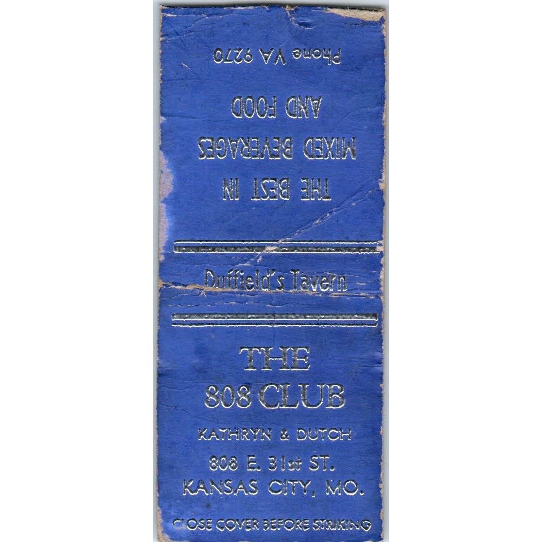 The 808 Club Kathryn & Dutch Kansas City MO Advertising Matchbook Cover SA9-M4