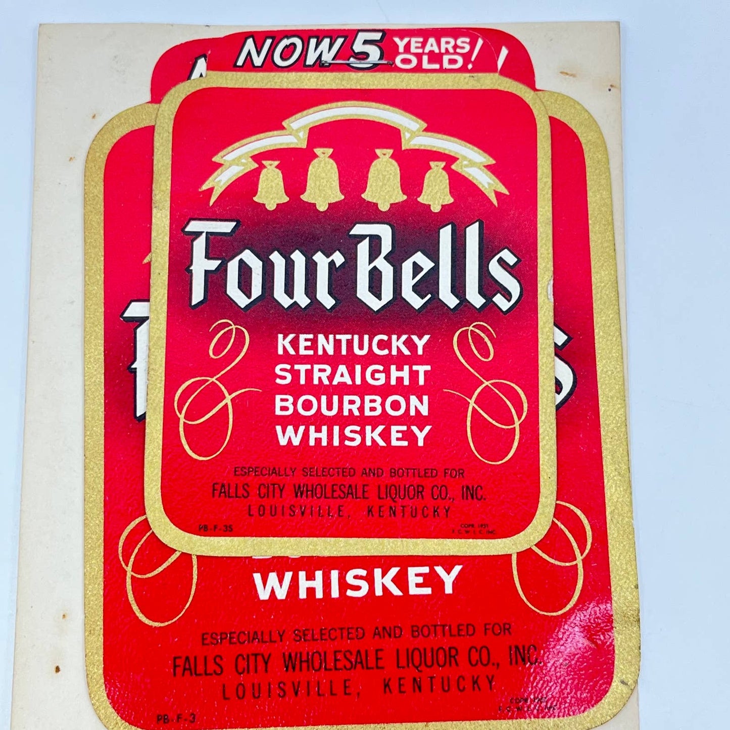 Four Bells Whiskey Label Set of 2 Falls City Wholesale Liquor Co Louisville KY
