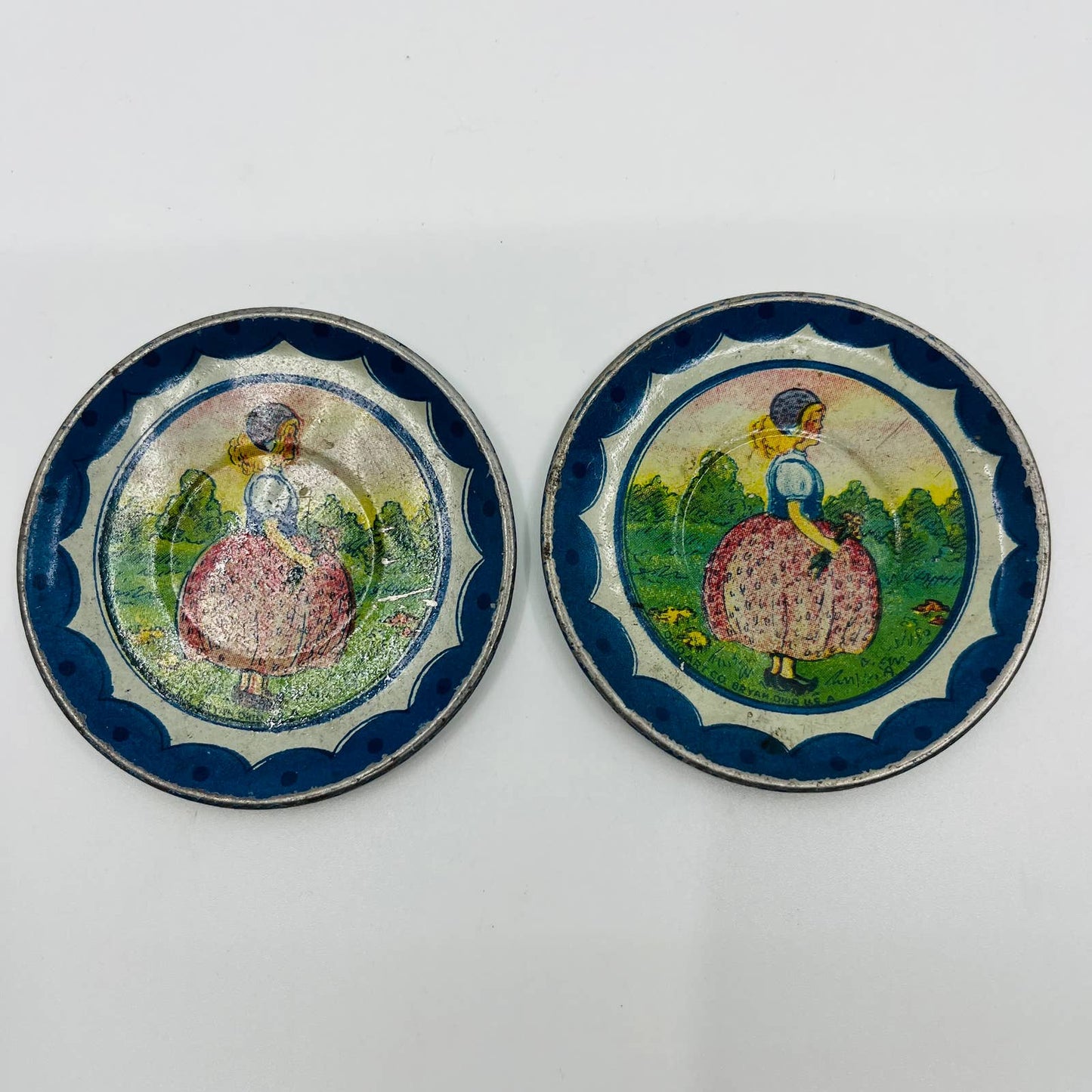 Vintage Tin Litho Girl Picking Flowers Child's Tea Set Saucer Set of 2 SB4