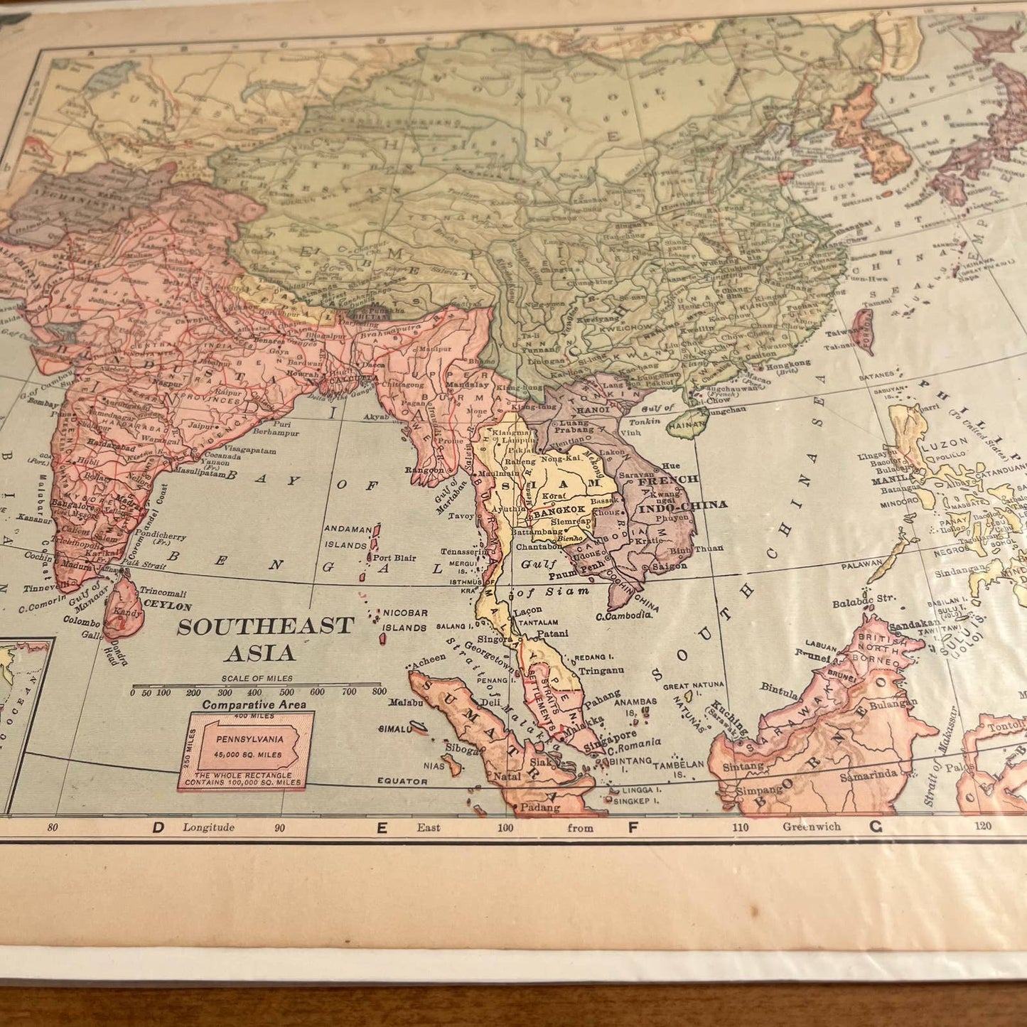 Antique 1907 Map of SOUTHEAST ASIA Color 10 x 12” FL5