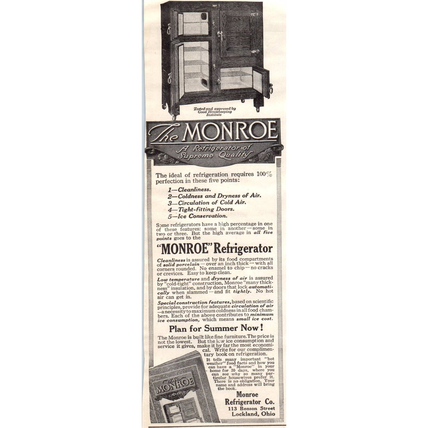 c1920 Harper's Magazine Ad - Monroe Refrigerator Lockland OH EA3-4