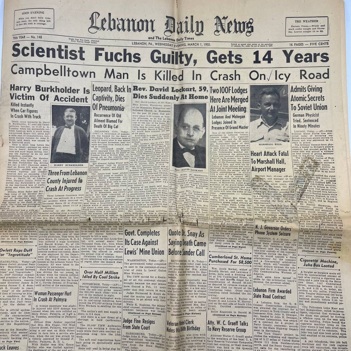 1950 Mar 1 LEBANON DAILY NEWS Newspaper Scientist Fuchs Found Guilty TI6-24