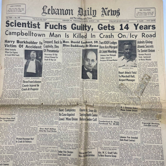 1950 Mar 1 LEBANON DAILY NEWS Newspaper Scientist Fuchs Found Guilty TI6-24