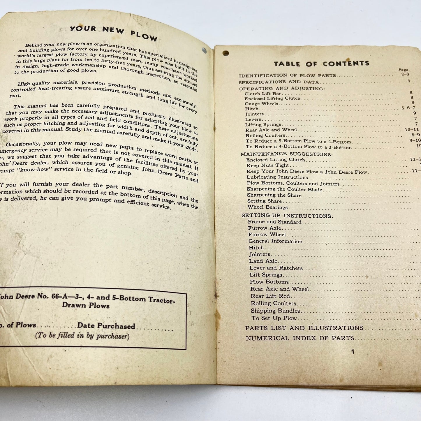 Original 1940s John Deere No. 66A Tractor Plow Operator's Manual L4-5