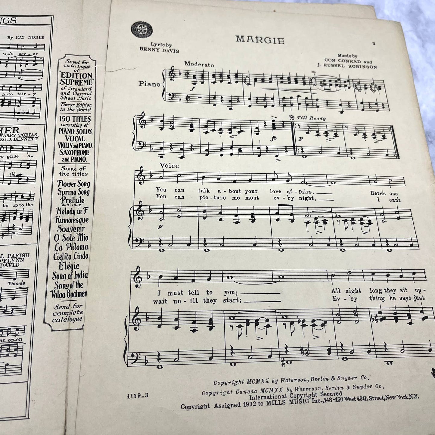 Margie Benny Davis Con Conrad J. Russell Robinson 1920 Sheet Music TK2-SM