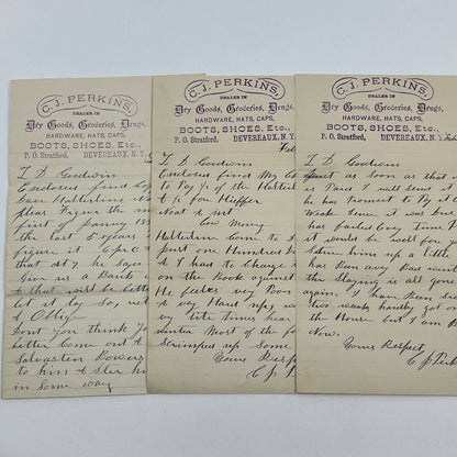 1886 C.J. Perkins Dry Goods Letterhead Stratford Devreaux NY Set of 3 AB9-1