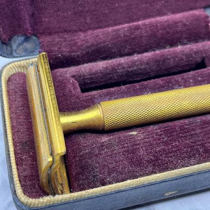 Vintage Gillette Double Sided Gold Tone Safety Razor With Case TJ9