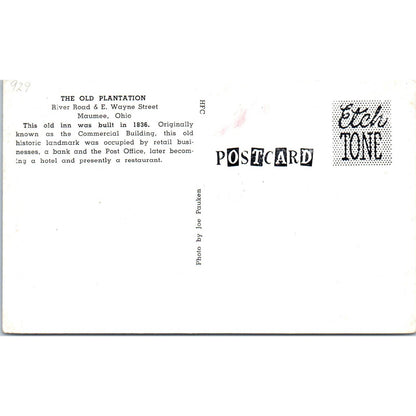 Vintage Postcard The Old Plantation Maumee Ohio TD9