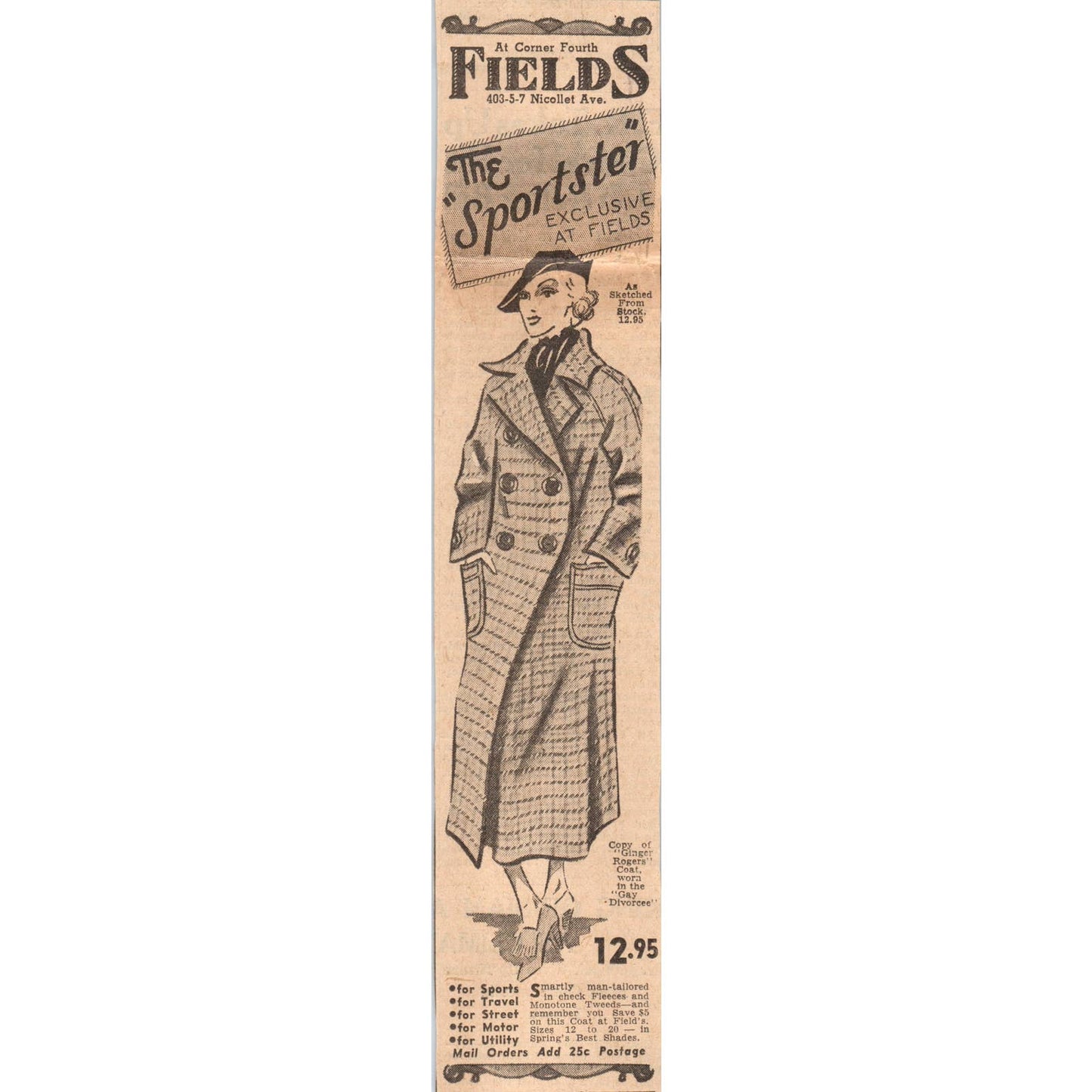 1935 Minneapolis Journal Newspaper Ad Field's Department Store Ladies Coat FL5-4