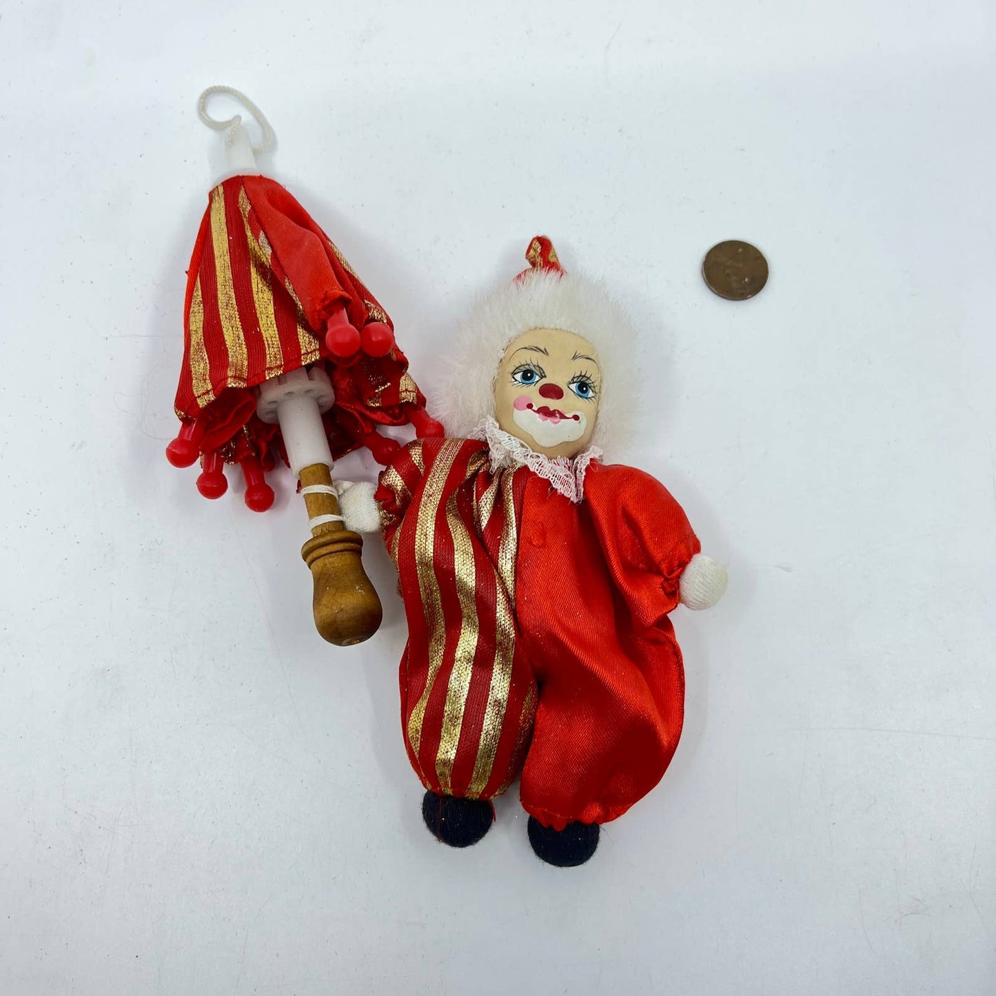 Vintage Harlequin Doll w/ Umbrella Porcelain Clown Face TE6