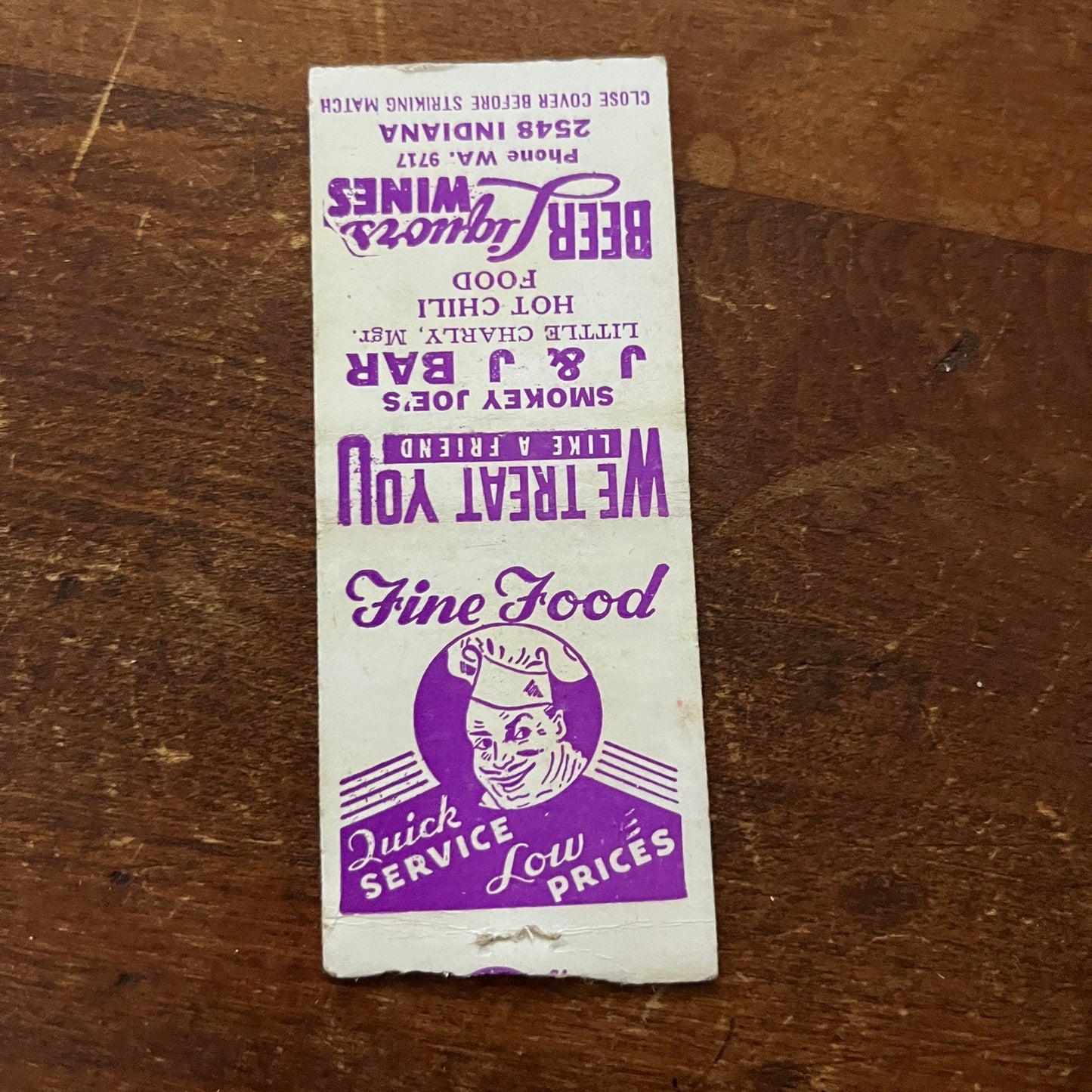 Smokey Joe's J&J Bar Little Charley Indiana Advertising Matchbook Cover MM11-5