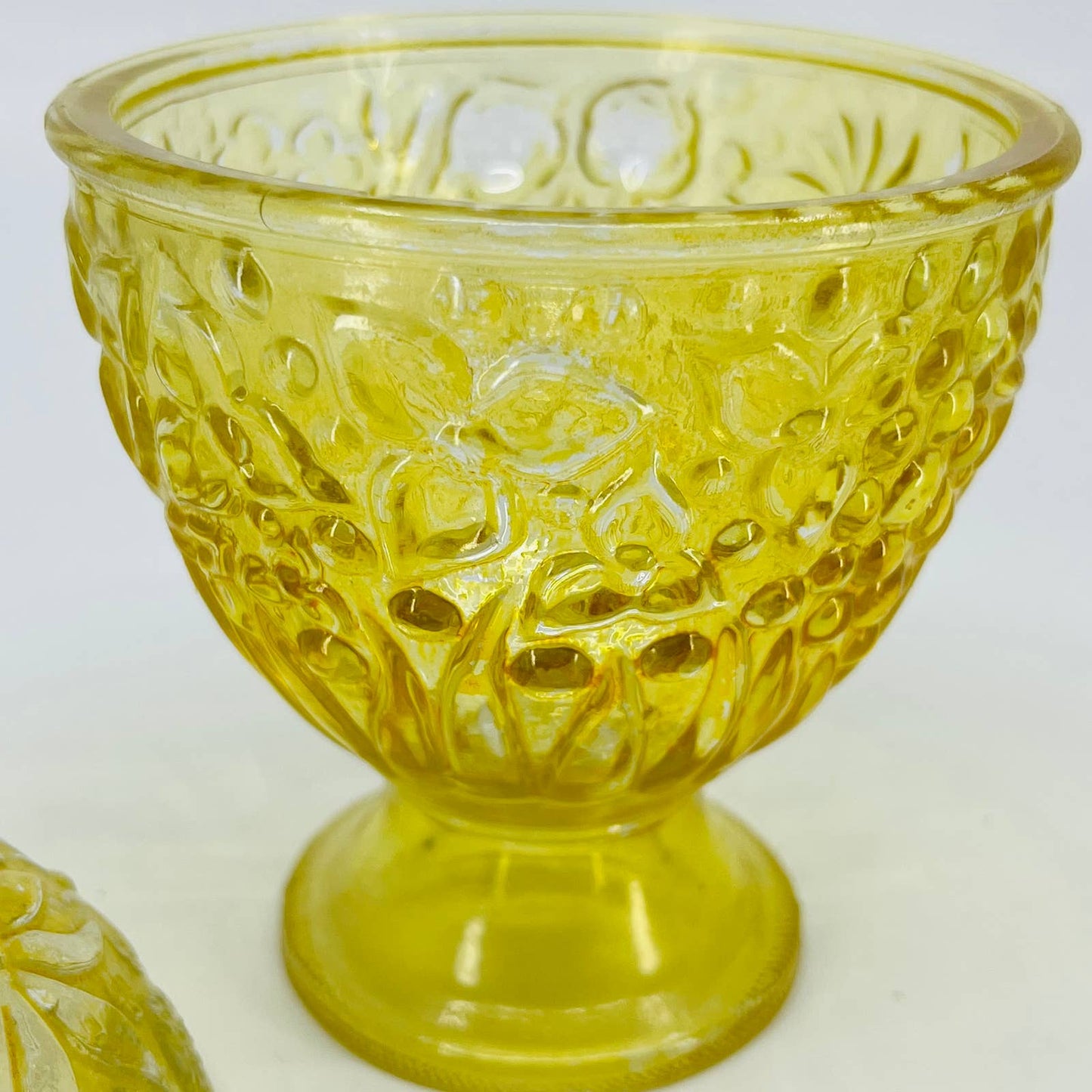 Vintage Avon Yellow Glass Embossed Flower Lidded Footed Compote Dish 6 1/2” TD3