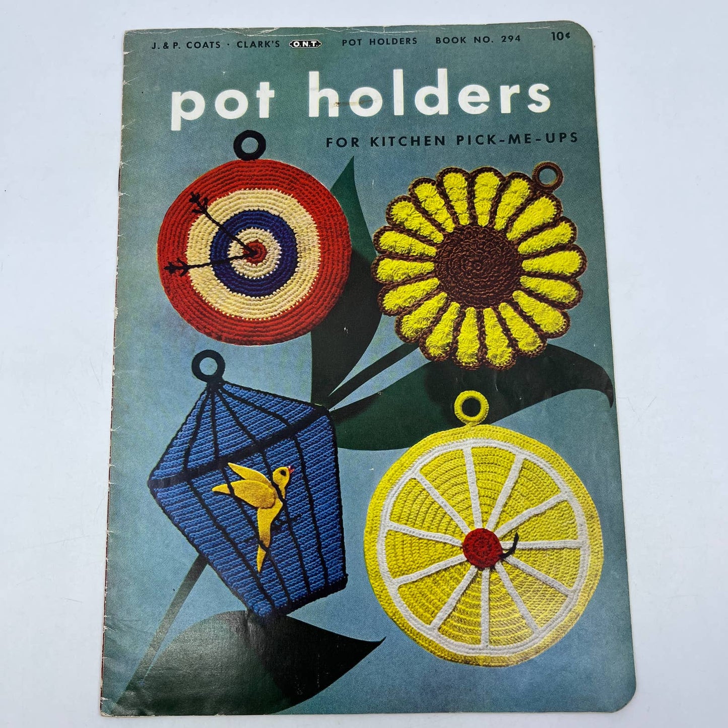 1952 Pot Holders Crochet Book #294 Kitchen SUNFLOWERS Ladybug DUCK Turtles TH7