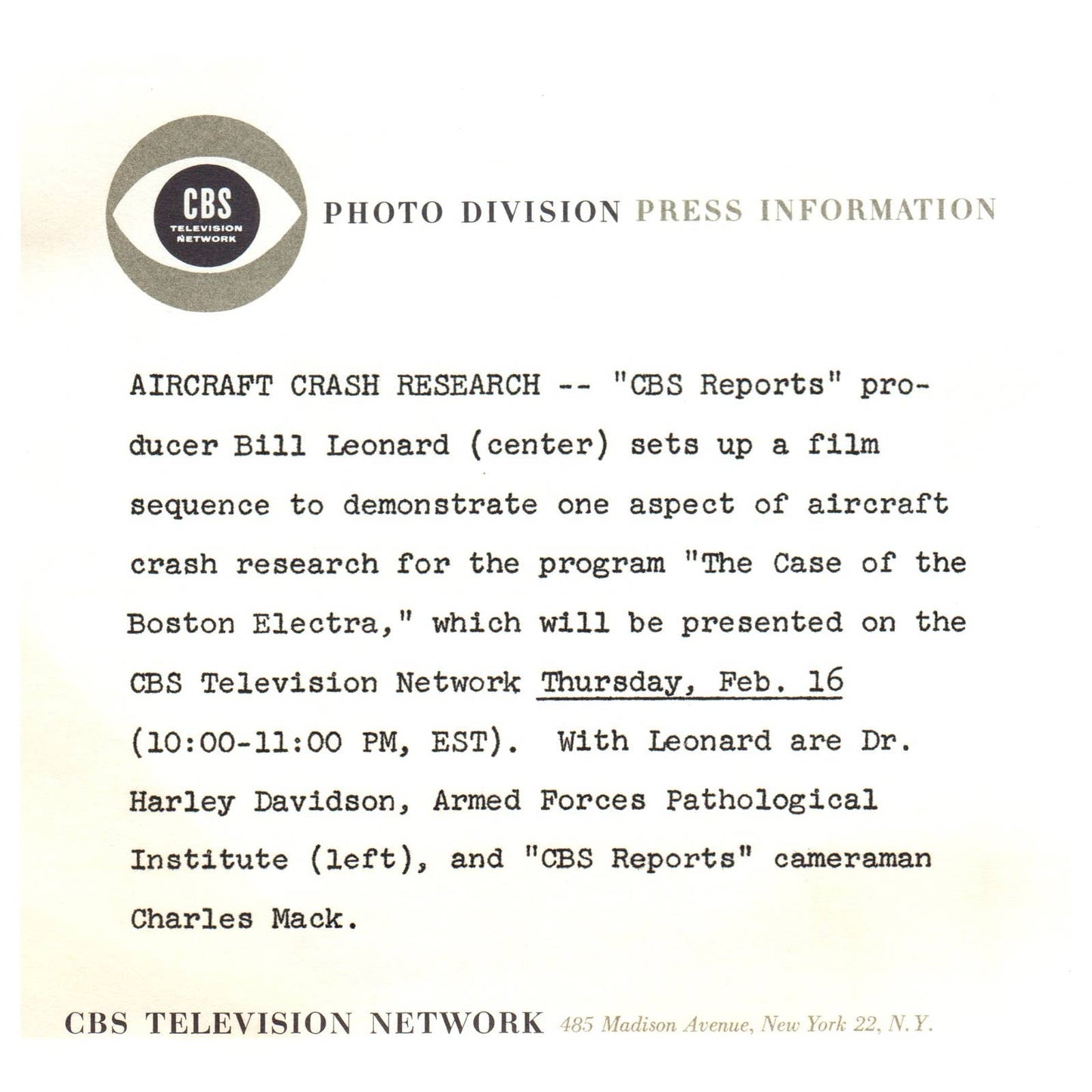 c1960 Press Photo Leonard Davidson Case of the Boston Electra CBS Reports TJ7-2