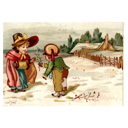 Winter Scene Woman & Young Boy Signed WJW - 1880s Victorian Trade Card TJ8-3