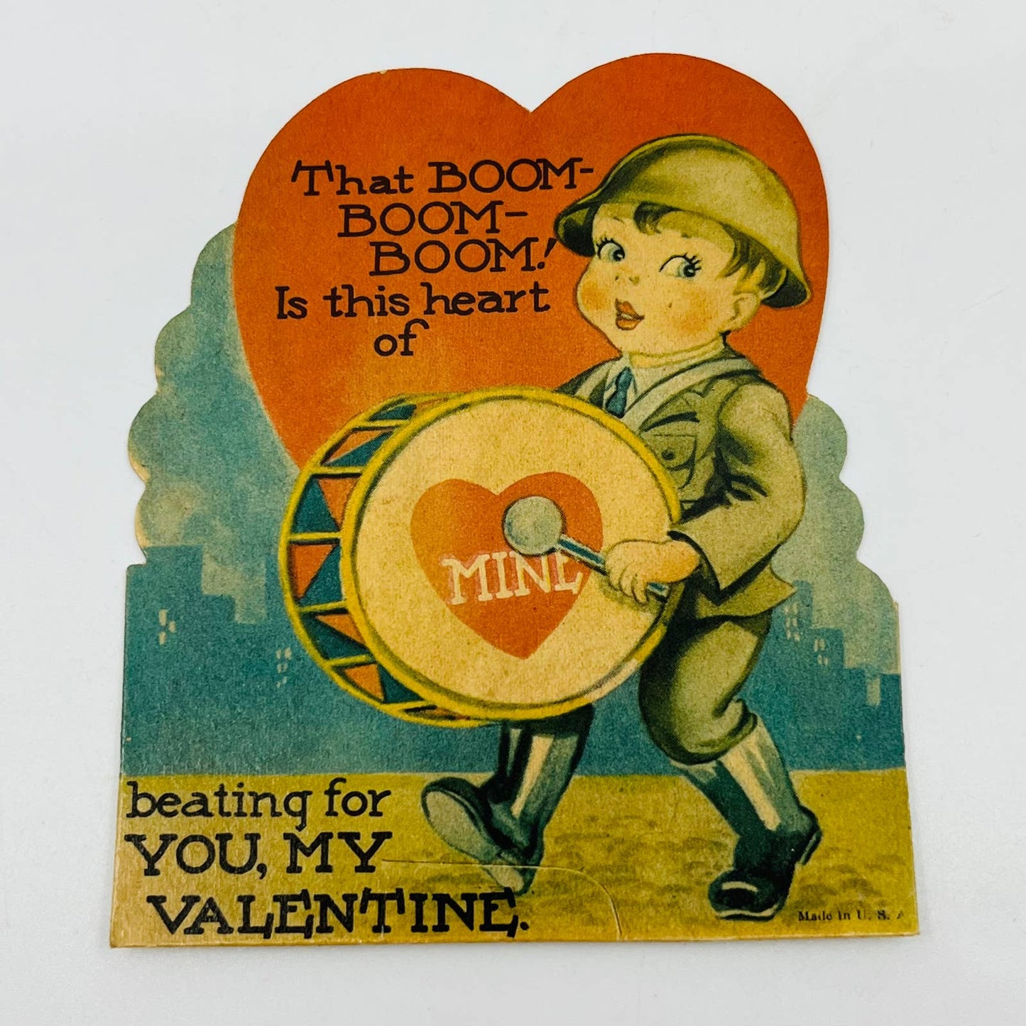 Vintage 1943 WWII Era Drummer Boy Soldier Boom Boom Valentine’s Day Card AA2