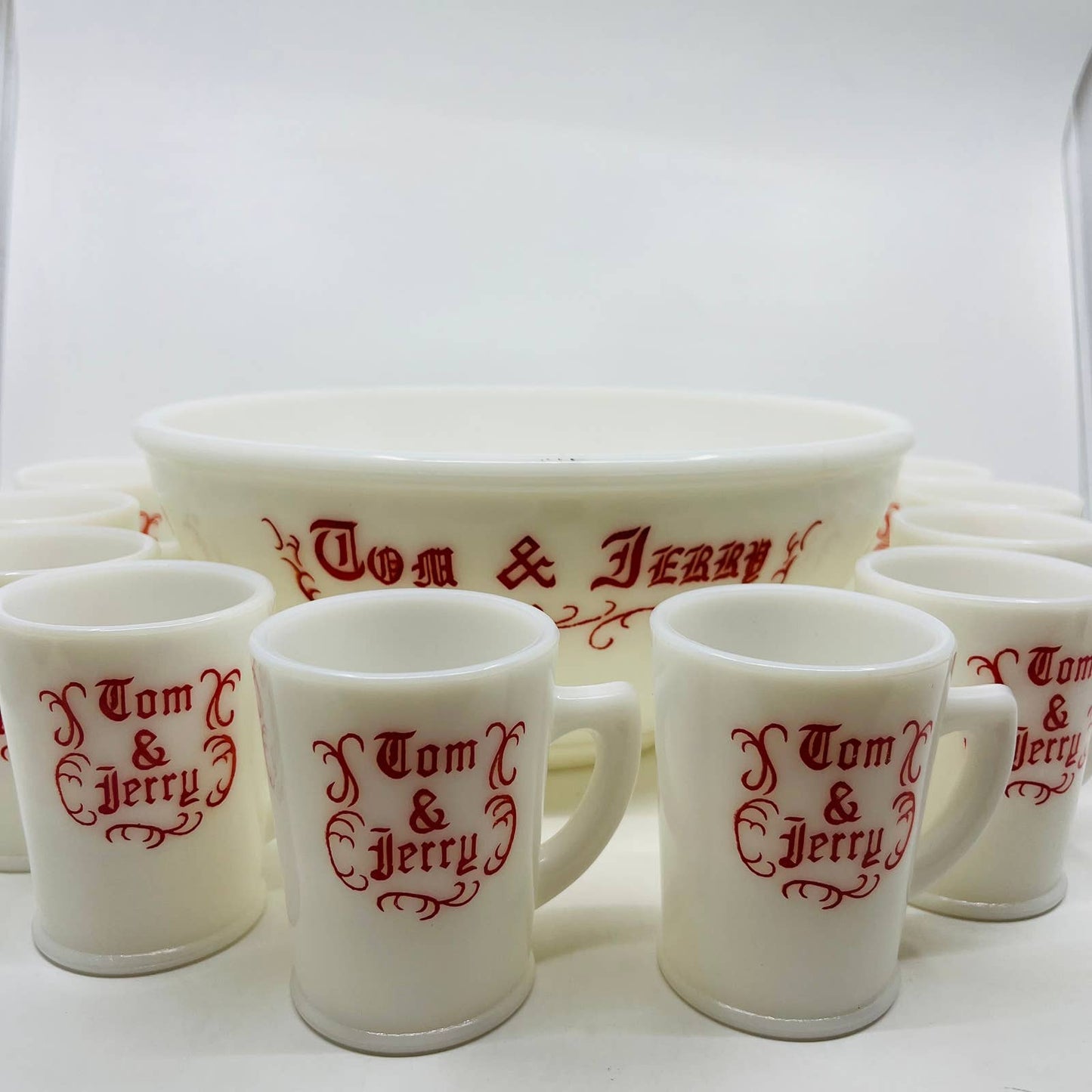 Vintage McKee Tom & Jerry Holiday Christmas Milk Glass Punch Bowl & 10 Cups