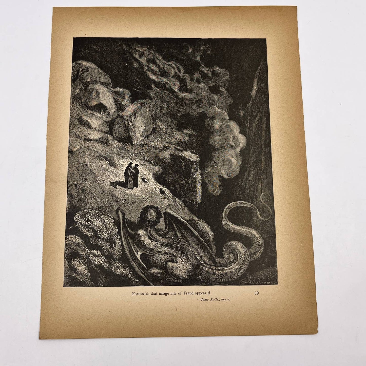 Original 1880s Gustave Dore Engraving Divine Comedy Geryon Symbol of Deceit FL4