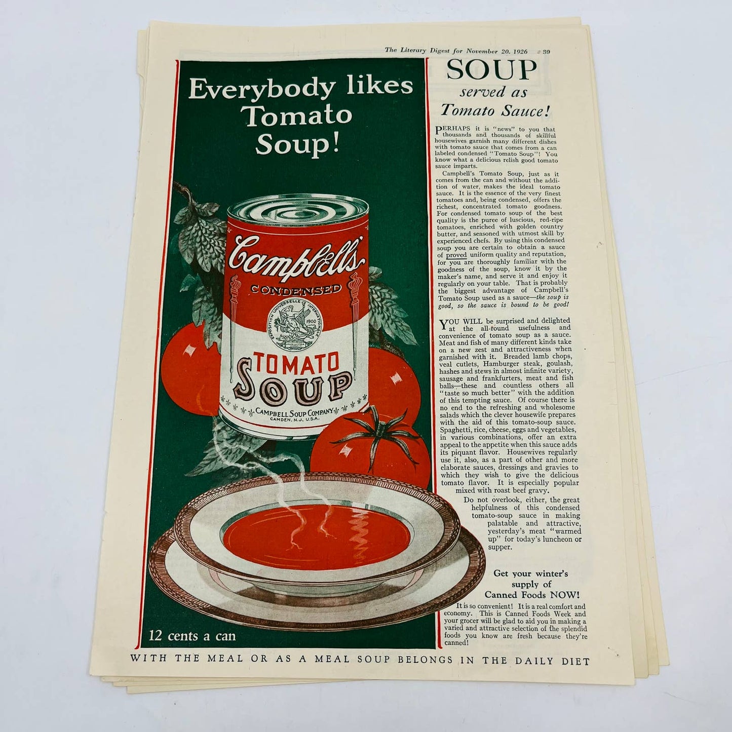 1925 Lot of 5 Campbells Soup Advertisements 8x12” C13-1