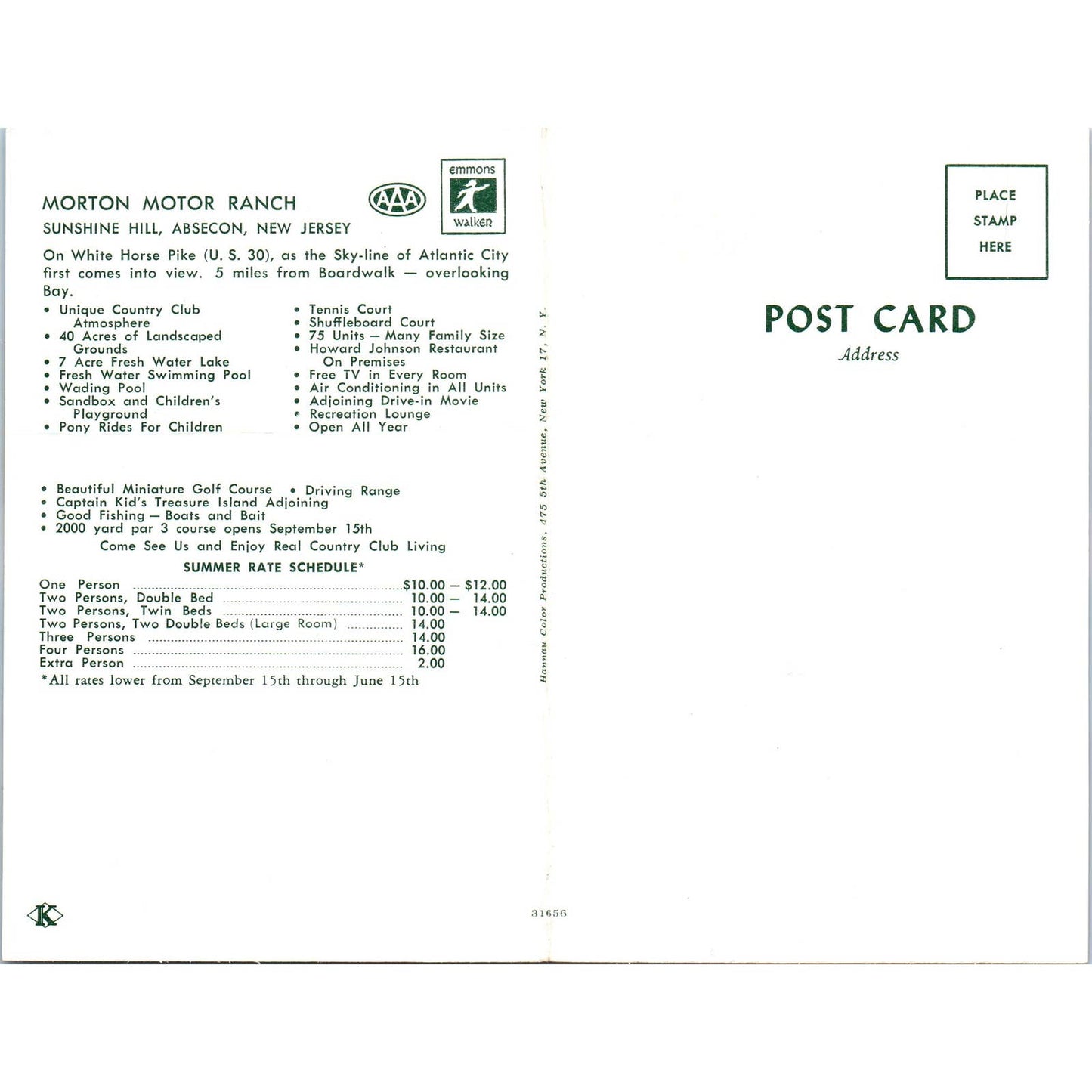 Morton Motor Ranch Sunshine Hill Absecon NJ Large Folded Postcard TJ7-RP3