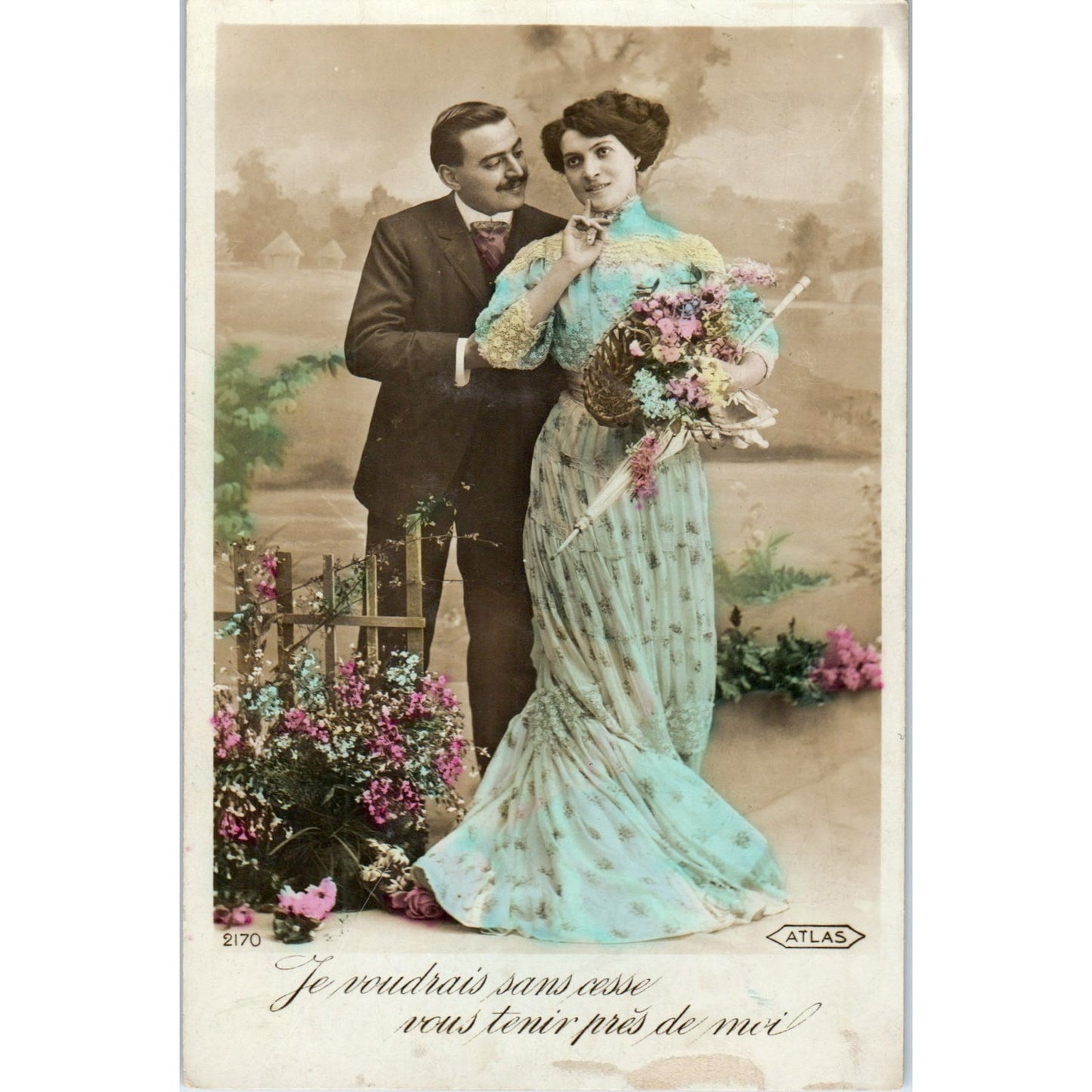 Romance French Victorian Couple Courting Lady 1914 Original Postcard P2-1-1