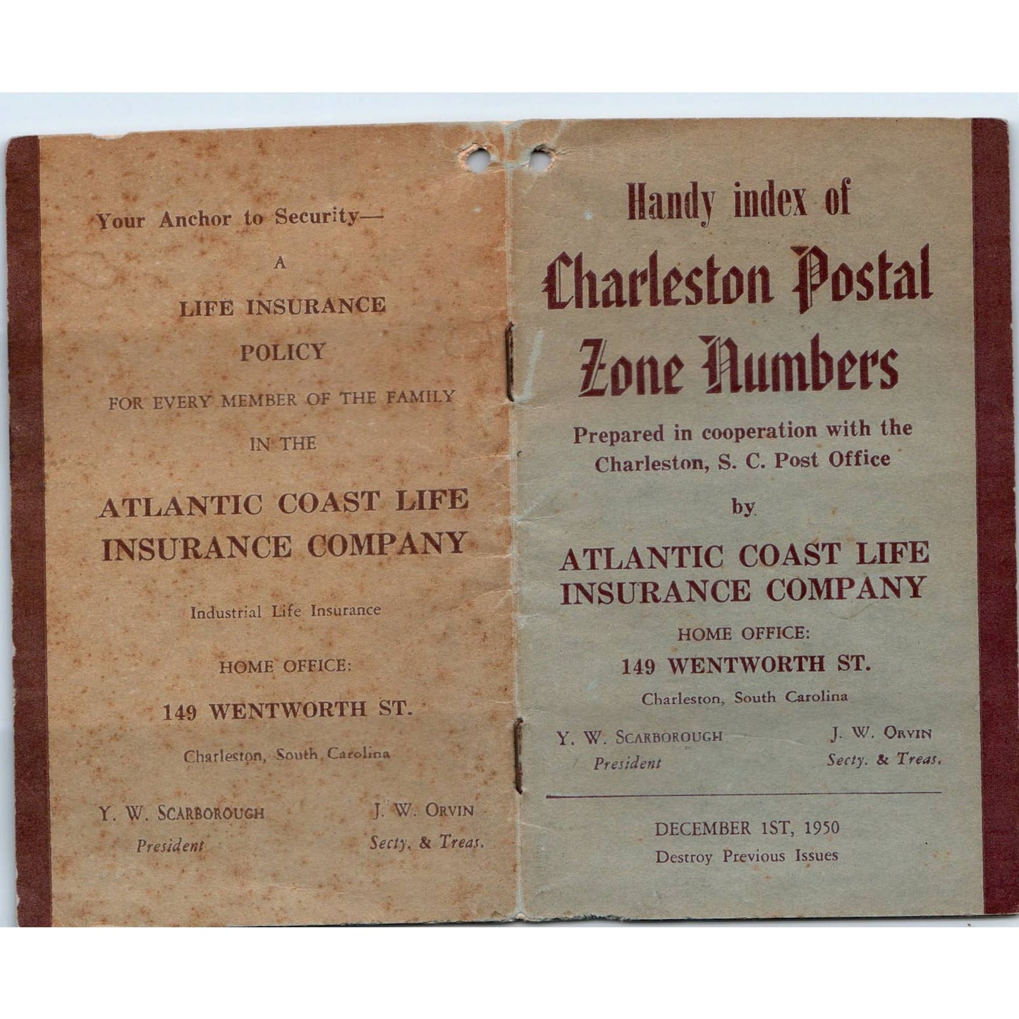 1950 Handy Index of Charleston SC Postal Zone Numbers Booklet SE5