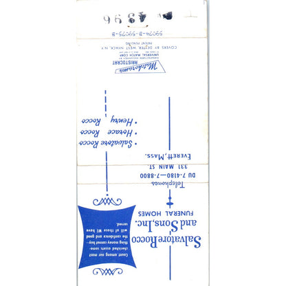 Salvatore Rocco & Sons Inc Funeral Homes Everett MA Advertising Matchbook MM9-7