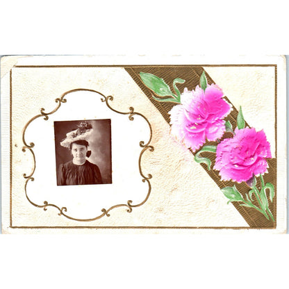 Photo of Woman in Flower Hat Airbrushed Embossed c1910 Original Postcard P1-15