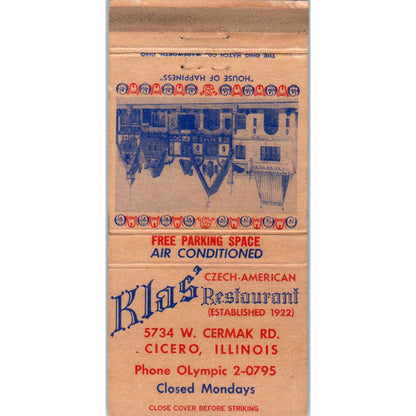 Klas' Restaurant Czech Cicero Illinois Advertising Matchbook Cover SA1-M11