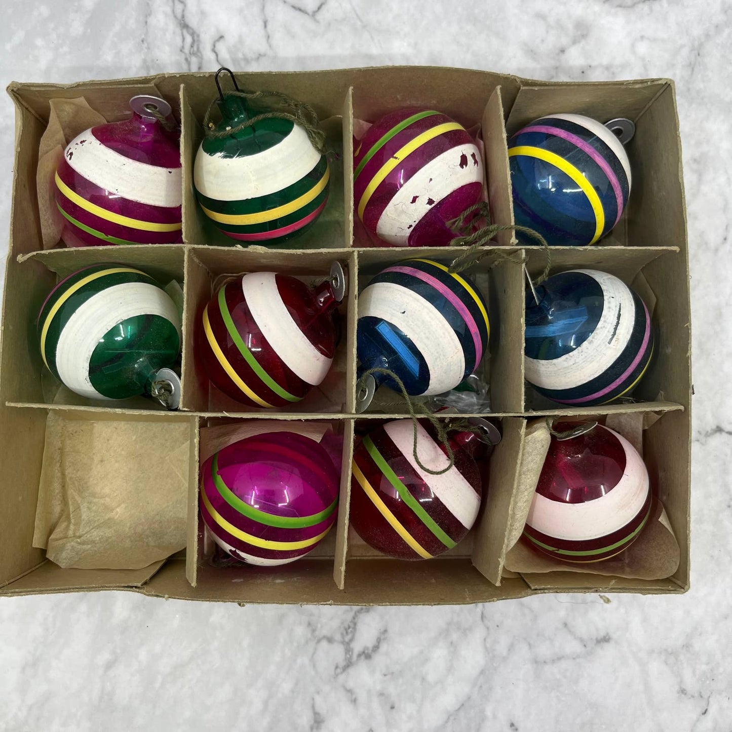 RARE WWII Era Unsilvered SHINY BRITE Striped Glass Ball Ornaments Lot of 11