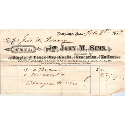 1879 Letterhead Billhead John M. Sims Dry Goods Georgiana AL AD6-2