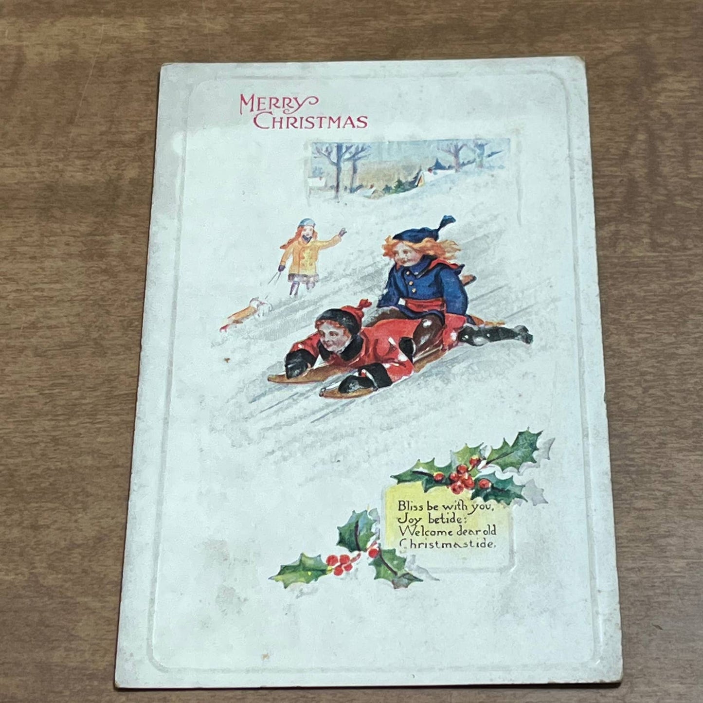 c1910 Children Sledding Skis Poem Holly Merry Christmas Postcard PA2