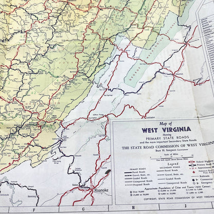 1938 Large Fold Out Road Map of West Virginia SC9