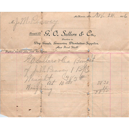 1906 Letterhead Billhead G.O. Sellers & Co. Dry Goods McKenzie AL AD6