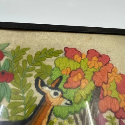 1971 Framed Erica Wilson Crewel Art Sampler Deer Fawn TG3