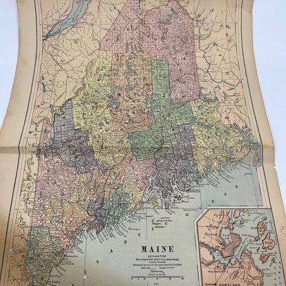 1896 Engraved Tinted Map of Maine 12x19" FL5