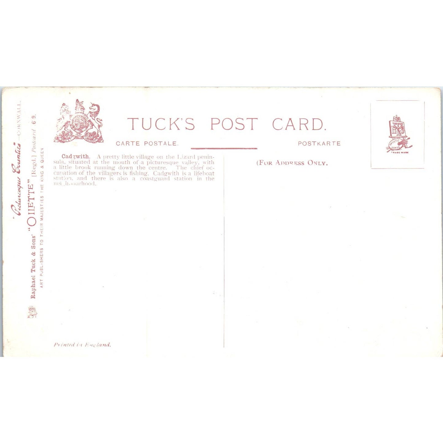 Cornwall Cadgwith Raphael Tuck Oilette Original Postcard TK1-P17