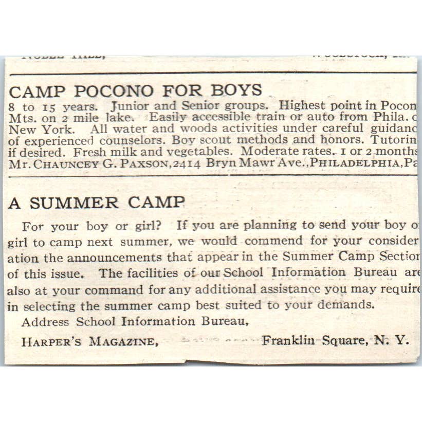 c1920 Harper's Magazine Ad - The Hanoum Camps Thetford VT C.H. Farnsworth EA3-2