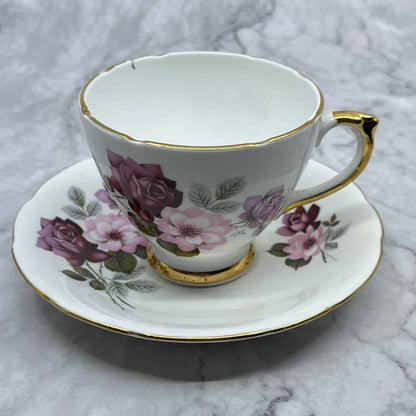 Vintage Delphine Teacup & Saucer Red and Pink Roses Bone China TA7