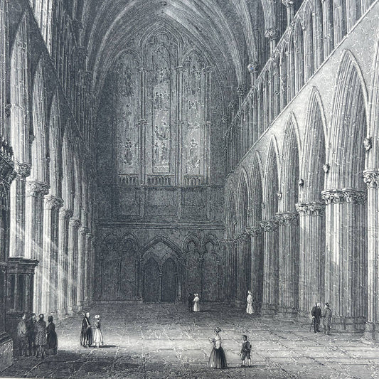 1836 Original Art Engraving Wells Cathedral View of the Nave AC6