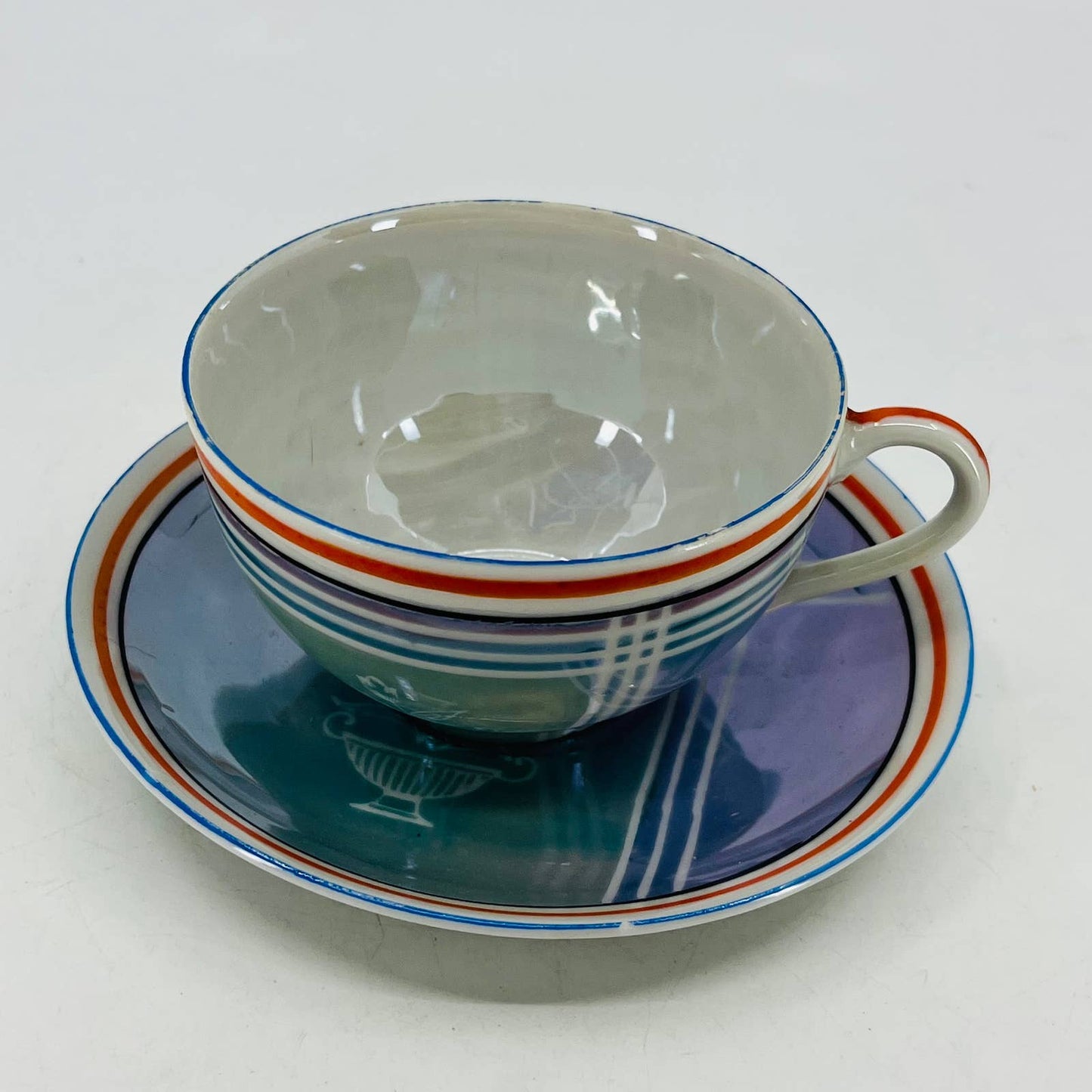 Vtg RARE Japanese Iridescent Opal Lusterware Blue Stripe Cup and Saucer Set TC4