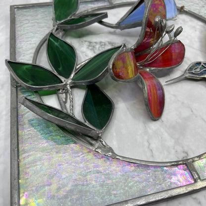 Vintage Stained Glass Sun Catcher 3D Hummingbird and Flowers 10.5” TA9