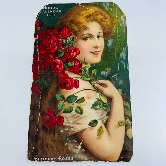 1911 Victorian Advert Calendar Hood’s Sarsaparilla Root Beer Birthday Roses AA5